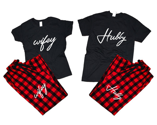 Hubby and Wifey matching couple top bottom sets.Couple shirts, Buffalo Red_Black flannel pants for men, flannel pants for women. Couple matching shirts.