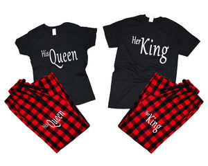Her King and His Queen matching couple top bottom sets.Couple shirts, Buffalo Red_Black flannel pants for men, flannel pants for women. Couple matching shirts.