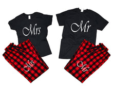 Load image into Gallery viewer, Mr and Mrs matching couple top bottom sets.Couple shirts, Buffalo Red_Black flannel pants for men, flannel pants for women. Couple matching shirts.
