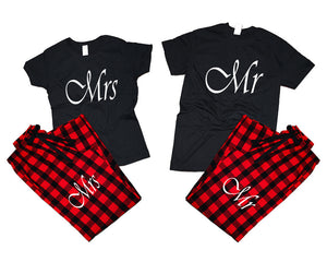 Mr and Mrs matching couple top bottom sets.Couple shirts, Buffalo Red_Black flannel pants for men, flannel pants for women. Couple matching shirts.
