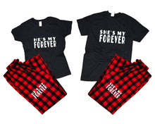 Cargar imagen en el visor de la galería, She&#39;s My Forever and He&#39;s My Forever matching couple top bottom sets.Couple shirts, Buffalo Red_Black flannel pants for men, flannel pants for women. Couple matching shirts.
