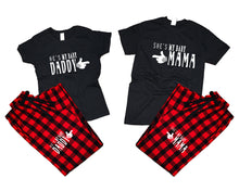 Cargar imagen en el visor de la galería, She&#39;s My Baby Mama and He&#39;s My Baby Daddy matching couple top bottom sets.Couple shirts, Buffalo Red_Black flannel pants for men, flannel pants for women. Couple matching shirts.
