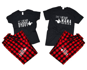 She's My Baby Mama and He's My Baby Daddy matching couple top bottom sets.Couple shirts, Buffalo Red_Black flannel pants for men, flannel pants for women. Couple matching shirts.