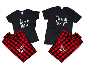 She's My Number 1 and He's My Number 1 matching couple top bottom sets.Couple shirts, Buffalo Red_Black flannel pants for men, flannel pants for women. Couple matching shirts.