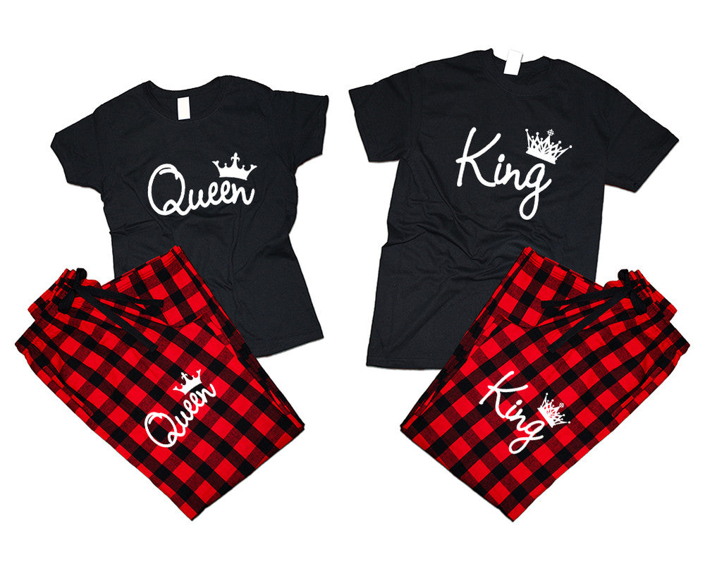 King and Queen matching couple top bottom sets.Couple shirts, Buffalo Red_Black flannel pants for men, flannel pants for women. Couple matching shirts.