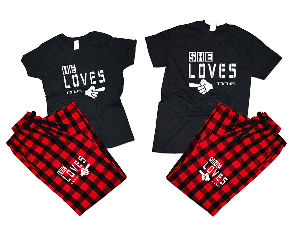 She Loves Me and He Loves Me matching couple top bottom sets.Couple shirts, Buffalo Red_Black flannel pants for men, flannel pants for women. Couple matching shirts.