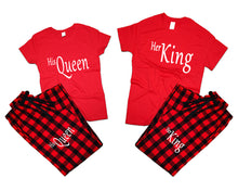 將圖片載入圖庫檢視器 Her King and His Queen matching couple top bottom sets.Couple shirts, Buffalo Red_Red flannel pants for men, flannel pants for women. Couple matching shirts.
