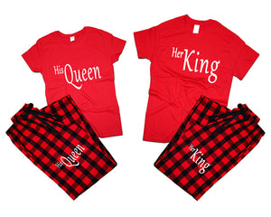 Her King and His Queen matching couple top bottom sets.Couple shirts, Buffalo Red_Red flannel pants for men, flannel pants for women. Couple matching shirts.