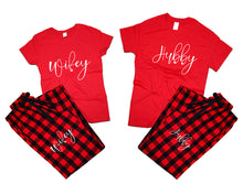 Load image into Gallery viewer, Hubby and Wifey matching couple top bottom sets.Couple shirts, Buffalo Red_Red flannel pants for men, flannel pants for women. Couple matching shirts.
