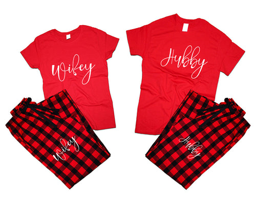 Hubby and Wifey matching couple top bottom sets.Couple shirts, Buffalo Red_Red flannel pants for men, flannel pants for women. Couple matching shirts.