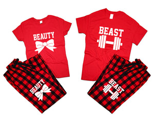 Beast and Beauty matching couple top bottom sets.Couple shirts, Buffalo Red_Red flannel pants for men, flannel pants for women. Couple matching shirts.