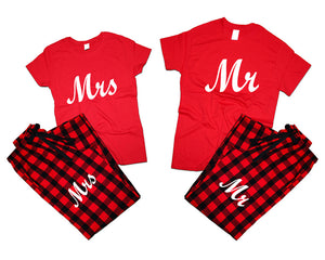 Mr and Mrs matching couple top bottom sets.Couple shirts, Buffalo Red_Red flannel pants for men, flannel pants for women. Couple matching shirts.