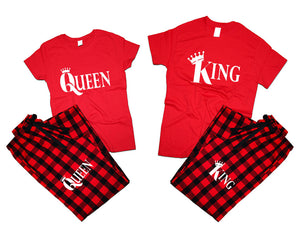 King and Queen matching couple top bottom sets.Couple shirts, Buffalo Red_Red flannel pants for men, flannel pants for women. Couple matching shirts.