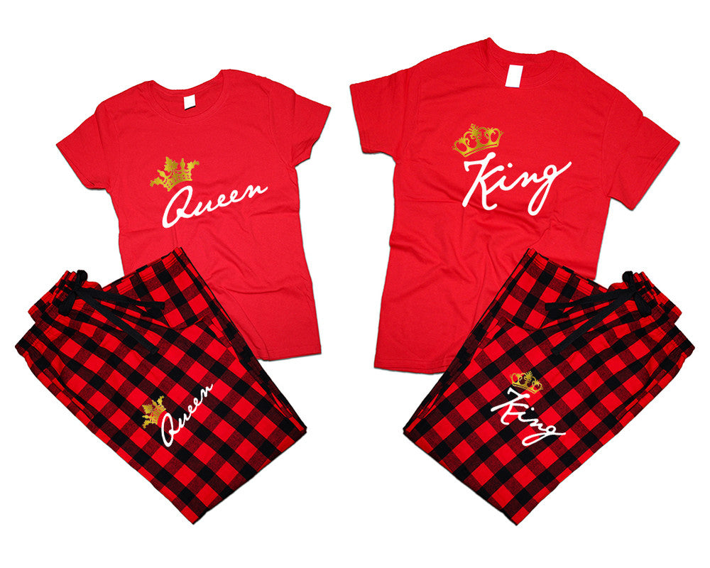 King and Queen matching couple top bottom sets.Couple shirts, Buffalo Red_Red flannel pants for men, flannel pants for women. Couple matching shirts.