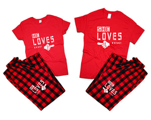 She Loves Me and He Loves Me matching couple top bottom sets.Couple shirts, Buffalo Red_Red flannel pants for men, flannel pants for women. Couple matching shirts.