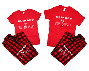 Blinded by Her Beauty and Blinded by His Muscles matching couple top bottom sets.Couple shirts, Buffalo Red_Red flannel pants for men, flannel pants for women. Couple matching shirts.