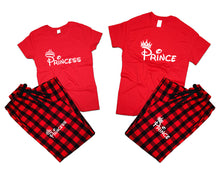 將圖片載入圖庫檢視器 Prince and Princess matching couple top bottom sets.Couple shirts, Buffalo Red_Red flannel pants for men, flannel pants for women. Couple matching shirts.
