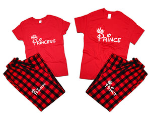 Prince and Princess matching couple top bottom sets.Couple shirts, Buffalo Red_Red flannel pants for men, flannel pants for women. Couple matching shirts.