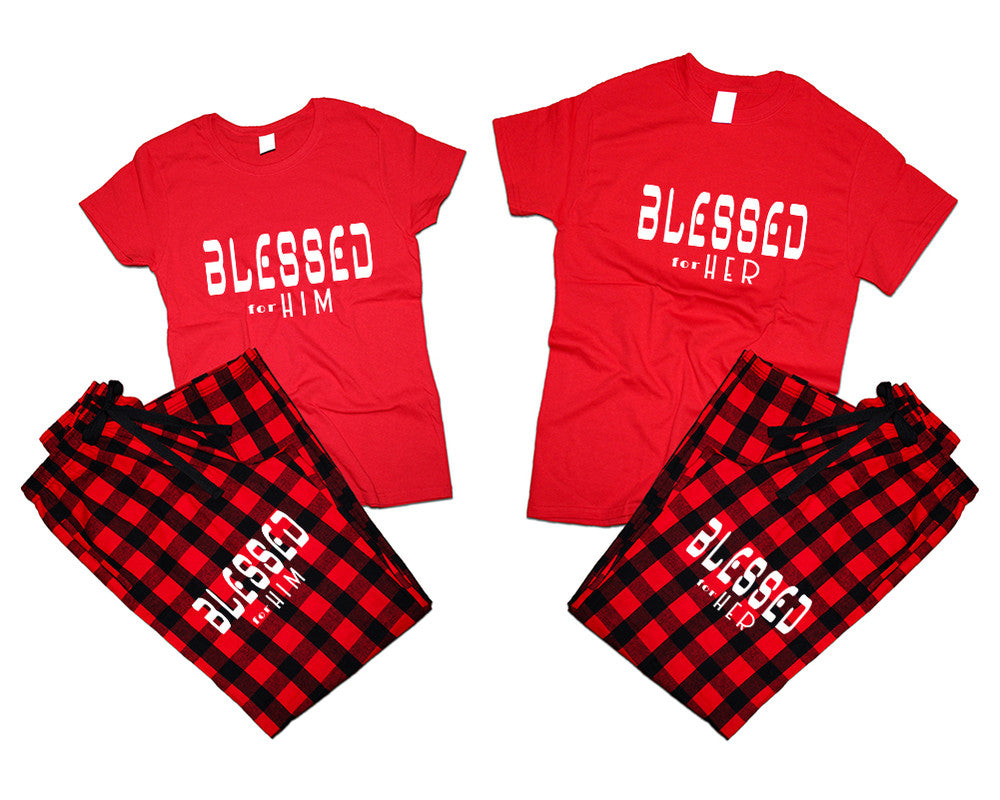 Blessed for Her and Blessed for Him matching couple top bottom sets.Couple shirts, Buffalo Red_Red flannel pants for men, flannel pants for women. Couple matching shirts.