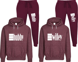 Hubby and Wifey matching top and bottom set, Burgundy speckle hoodie and sweatpants sets for mens, speckle hoodie and jogger set womens. Matching couple joggers.