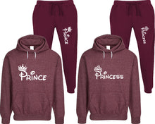 Load image into Gallery viewer, Prince and Princess matching top and bottom set, Burgundy speckle hoodie and sweatpants sets for mens, speckle hoodie and jogger set womens. Matching couple joggers.
