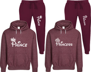 Prince and Princess matching top and bottom set, Burgundy speckle hoodie and sweatpants sets for mens, speckle hoodie and jogger set womens. Matching couple joggers.