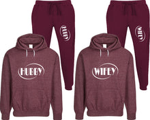 Load image into Gallery viewer, Hubby and Wifey matching top and bottom set, Burgundy speckle hoodie and sweatpants sets for mens, speckle hoodie and jogger set womens. Matching couple joggers.
