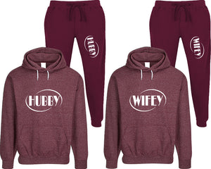 Hubby and Wifey matching top and bottom set, Burgundy speckle hoodie and sweatpants sets for mens, speckle hoodie and jogger set womens. Matching couple joggers.