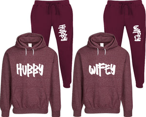 Hubby and Wifey matching top and bottom set, Burgundy speckle hoodie and sweatpants sets for mens, speckle hoodie and jogger set womens. Matching couple joggers.