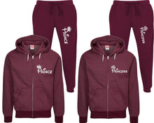 Load image into Gallery viewer, Prince and Princess speckle zipper hoodies, Matching couple hoodies, Burgundy zip up hoodie for man, Burgundy zip up hoodie womens, Burgundy jogger pants for man and woman.
