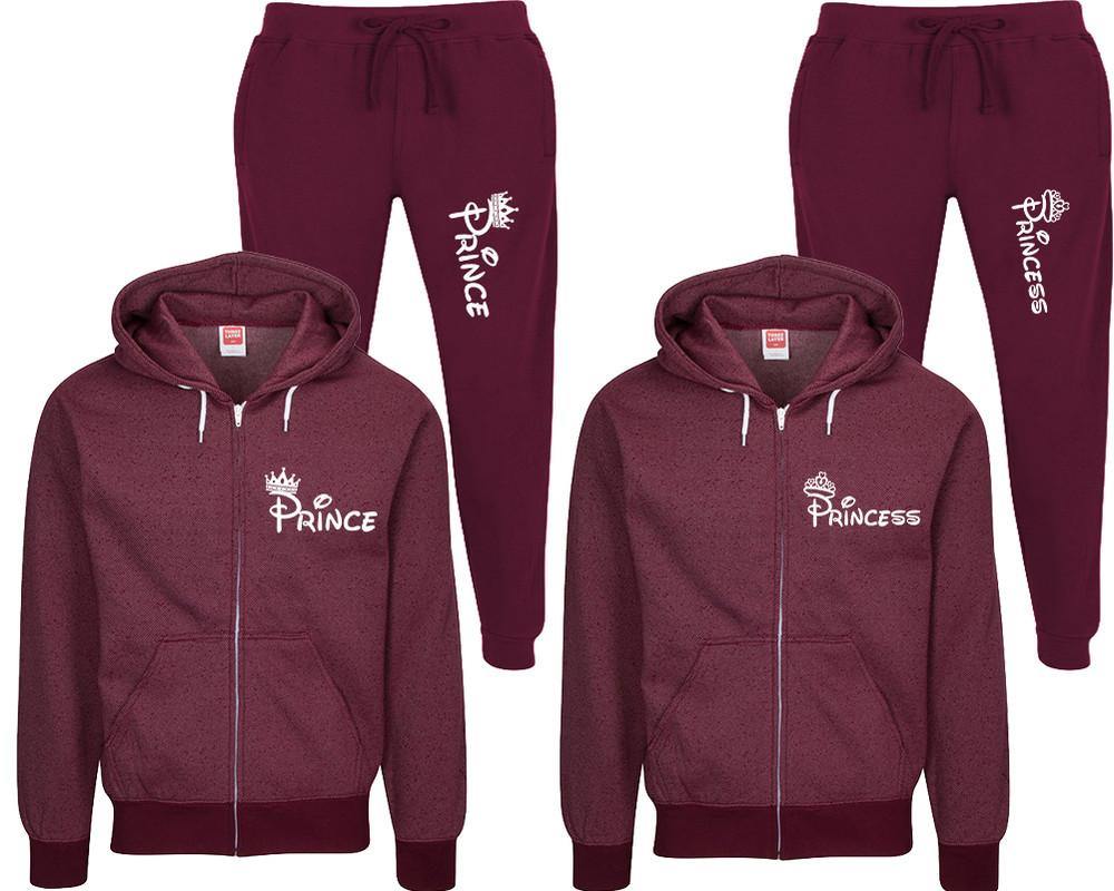 Prince and Princess speckle zipper hoodies, Matching couple hoodies, Burgundy zip up hoodie for man, Burgundy zip up hoodie womens, Burgundy jogger pants for man and woman.