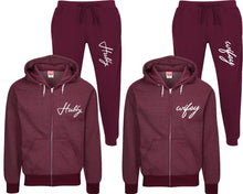 將圖片載入圖庫檢視器 Hubby and Wifey speckle zipper hoodies, Matching couple hoodies, Burgundy zip up hoodie for man, Burgundy zip up hoodie womens, Burgundy jogger pants for man and woman.
