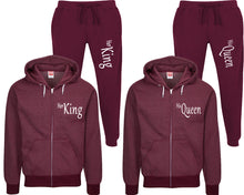 Load image into Gallery viewer, Her King and His Queen speckle zipper hoodies, Matching couple hoodies, Burgundy zip up hoodie for man, Burgundy zip up hoodie womens, Burgundy jogger pants for man and woman.
