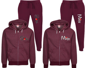 Soul and Mate speckle zipper hoodies, Matching couple hoodies, Burgundy zip up hoodie for man, Burgundy zip up hoodie womens, Burgundy jogger pants for man and woman.