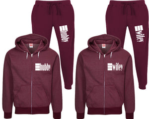 Hubby and Wifey speckle zipper hoodies, Matching couple hoodies, Burgundy zip up hoodie for man, Burgundy zip up hoodie womens, Burgundy jogger pants for man and woman.