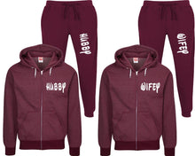 Load image into Gallery viewer, Hubby and Wifey speckle zipper hoodies, Matching couple hoodies, Burgundy zip up hoodie for man, Burgundy zip up hoodie womens, Burgundy jogger pants for man and woman.
