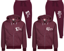 Charger l&#39;image dans la galerie, Her King and His Queen speckle zipper hoodies, Matching couple hoodies, Burgundy zip up hoodie for man, Burgundy zip up hoodie womens, Burgundy jogger pants for man and woman.
