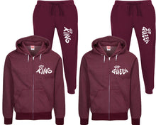 Charger l&#39;image dans la galerie, Her King and His Queen speckle zipper hoodies, Matching couple hoodies, Burgundy zip up hoodie for man, Burgundy zip up hoodie womens, Burgundy jogger pants for man and woman.
