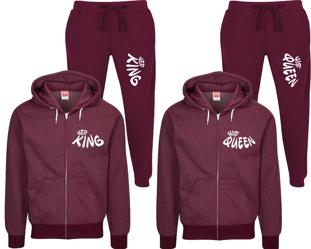 Her King and His Queen speckle zipper hoodies, Matching couple hoodies, Burgundy zip up hoodie for man, Burgundy zip up hoodie womens, Burgundy jogger pants for man and woman.