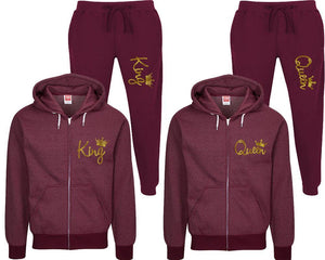 King and Queen speckle zipper hoodies, Matching couple hoodies, Burgundy zip up hoodie for man, Burgundy zip up hoodie womens, Burgundy jogger pants for man and woman.