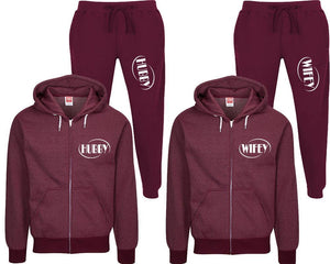 Hubby and Wifey speckle zipper hoodies, Matching couple hoodies, Burgundy zip up hoodie for man, Burgundy zip up hoodie womens, Burgundy jogger pants for man and woman.