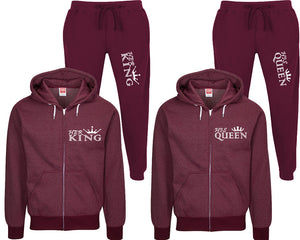 Her King and His Queen speckle zipper hoodies, Matching couple hoodies, Burgundy zip up hoodie for man, Burgundy zip up hoodie womens, Burgundy jogger pants for man and woman.