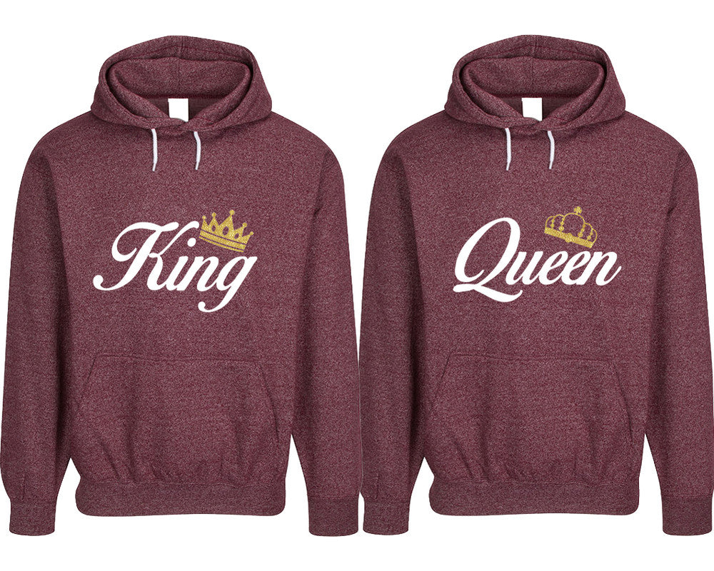 King and Queen pullover speckle hoodies, Matching couple hoodies, Burgundy his and hers man and woman contrast raglan hoodies