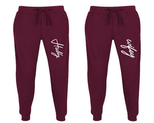 Hubby and Wifey matching jogger pants, Burgundy sweatpants for mens, jogger set womens. Matching couple joggers.