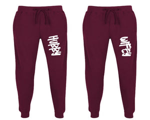 Hubby and Wifey matching jogger pants, Burgundy sweatpants for mens, jogger set womens. Matching couple joggers.