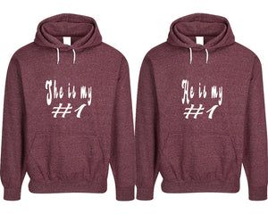 She's My Number 1 and He's My Number 1 pullover speckle hoodies, Matching couple hoodies, Burgundy his and hers man and woman contrast raglan hoodies
