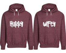 Load image into Gallery viewer, Hubby and Wifey pullover speckle hoodies, Matching couple hoodies, Burgundy his and hers man and woman contrast raglan hoodies
