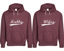 Load image into Gallery viewer, Hubby and Wifey pullover speckle hoodies, Matching couple hoodies, Burgundy his and hers man and woman contrast raglan hoodies
