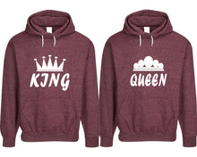 Load image into Gallery viewer, King and Queen pullover speckle hoodies, Matching couple hoodies, Burgundy his and hers man and woman contrast raglan hoodies
