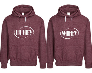 Hubby and Wifey pullover speckle hoodies, Matching couple hoodies, Burgundy his and hers man and woman contrast raglan hoodies